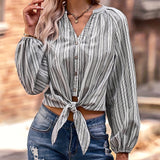 kkboxly  Stripe Print Belted Blouse, Casual V Neck Button Lantern Sleeve Long Sleeve Blouse, Women's Clothing