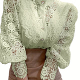 kkboxly  Women's Blouse Lace Puff Sleeve Lantern Sleeve Solid Pleated Women Blouse