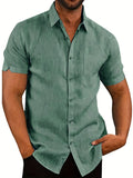kkboxly  Men's Shirt Top, Linen & Cotton Blend, Turn-Down Collar Button Up Short Sleeves Lapel Closure Regular Fit Male Casual Shirt For Daily