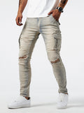 kkboxly Slim Fit Cargo Jeans, Men's Casual Street Style Multi Pocket High Stretch Denim Pants For Spring Summer