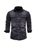 kkboxly  Men's Denim Shirt Solid Color Thick Long Sleeve Button Down Shirt Spring Autumn Jeans Shirt