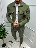 kkboxly  Cotton Blend Men's Trendy 2Pcs Outfit Set Casual Button Up Jacket Long Sleeve Coat And Jogging Pants Set For Men Fall Winter