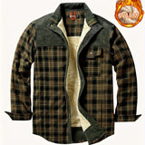 kkboxly  Men's Plaid Print Jacket, Windproof Thermal Patchwork Lapel Winter Shirt For Men's Winter Outdoor Activities