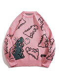 kkboxly  Cute Cartoon Dinosaur Pattern Knitted Sweater, Men's Casual Warm Slightly Stretch Round Neck Pullover Sweater For Fall Winter