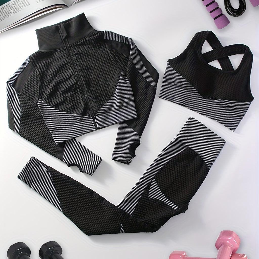 kkboxly  Look & Feel Fabulous in This 3PC Women's Yoga Set: Seamless Workout Gym Clothing with Long Sleeve Crop Top & High Waist Leggings!
