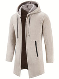 kkboxly  Warm Mid-length Hooded Fleece Coat, Men's Comfortable Solid Color Zip Up Knitted Cardigan For Spring Fall
