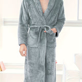 kkboxly Men's Comfy Solid Fleece Robe Home Pajamas Wear With Pocket One-piece Lace Up Kimono Night-robe Warm Sets After Bath