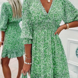 Kkboxly  Women's Dresses Puff Sleeve Floral Print Ruched Waist V-Neck Boho Dresses