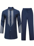 kkboxly Men's African 2 Pcs Set Long Sleeve Gold Print Cotton Dashiki And Pants Outfit Traditional Suit