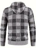 kkboxly  All Match Knitted Plaid Hooded Cardigan Jacket, Men's Casual Warm Slightly Stretch Zip Up Jacket Coat For Fall Winter