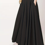 kkboxly  Pleated Long Skirt, Loose Solid Casual Skirt For Spring & Summer, Women's Clothing