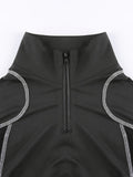 kkboxly  Mesh Stitching Zip Front Crop T-Shirt, Casual Cutout Long Sleeve Top For Spring & Fall, Women's Clothing