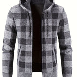 All Match Knitted Plaid Hooded Cardigan Jacket, Men's Casual Warm Slightly Stretch Zip Up Jacket Coat For Fall Winter