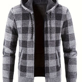 kkboxly  All Match Knitted Plaid Hooded Cardigan Jacket, Men's Casual Warm Slightly Stretch Zip Up Jacket Coat For Fall Winter
