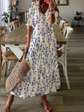 Kkboxly  Ikat Print Drawstring Dress, Boho Ruffle Trim V Neck Half Sleeve Summer Dress, Women's Clothing