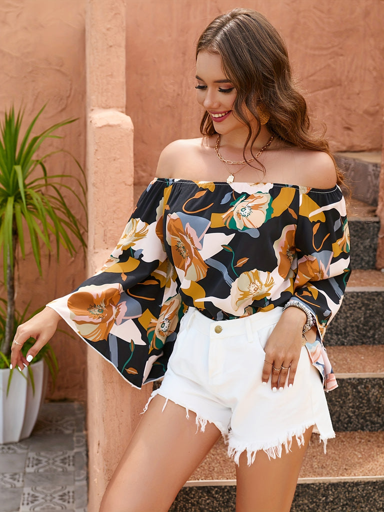 kkboxly  Floral Print Off Shoulder Blouse, Vacation Long Ruffle Sleeve Blouse For Spring & Fall, Women's Clothing