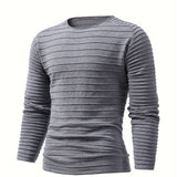 Men's Stylish Solid Knitted Pullover, Casual High Stretch Breathable Long Sleeve Crew Neck Top For City Walk Street Hanging Outdoor Activities
