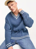 kkboxly  All Match Retro Knitted Cable Sweater, Men's Casual Loose Warm Mid Stretch V Neck Pullover Sweater For Men Fall Winter