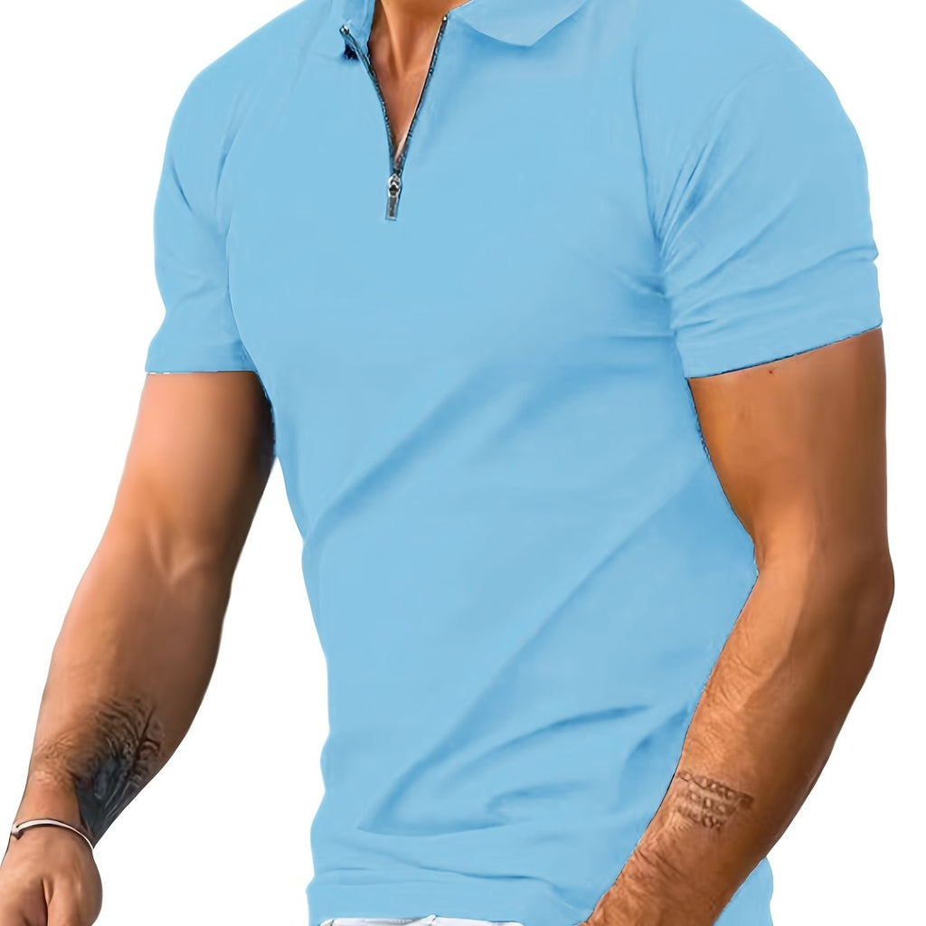 kkboxly  Solid Color Men's Casual Short Sleeves Zipper Graphic Polo Shirts, Lapel Collar Tops Pullovers, Men's Clothing For Summer