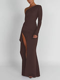 kkboxly  Solid One-shoulder Split Hem Dress, Elegant Long Sleeve Ruffle Trim Slim Dress For Party & Banquet, Women's Clothing
