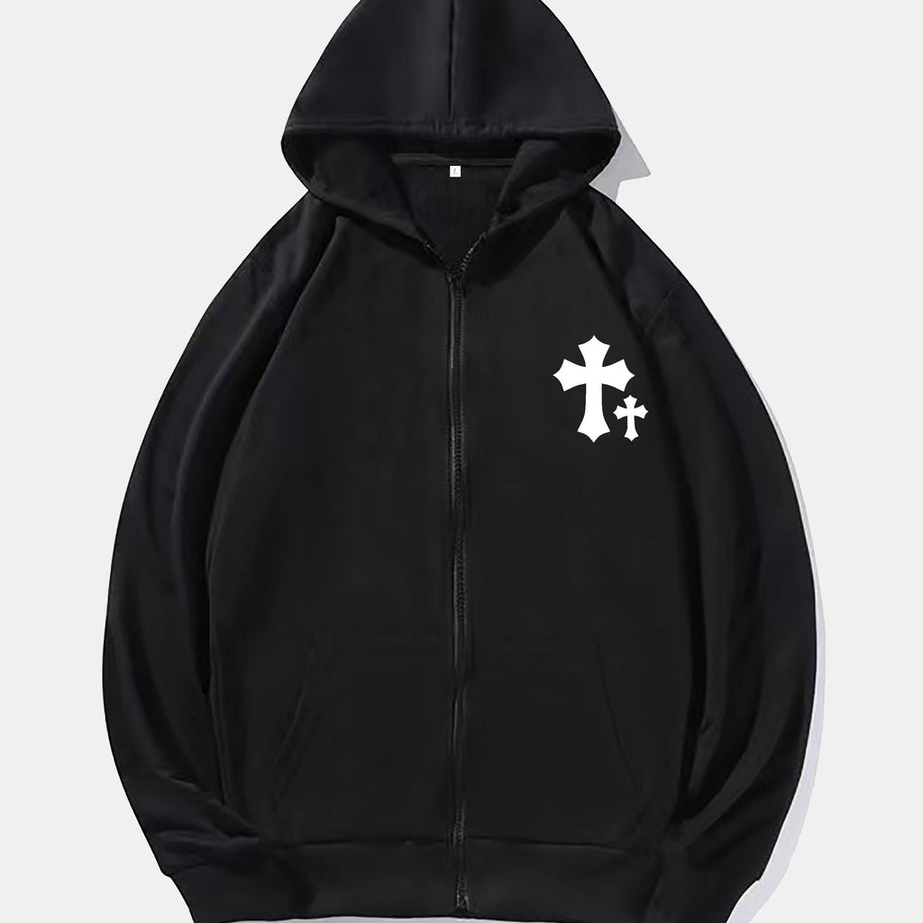 kkboxly  Cross Print Men's Full-Zip Hooded Sweatshirt Casual Long Sleeve Hoodies With Pocket Gym Sports Hooded Jacket For Spring Fall, As Gift