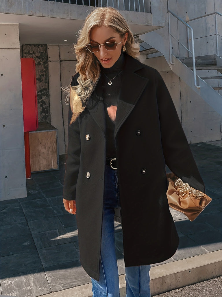 Solid Double Breasted Coat, Casual Lapel Long Sleeve Versatile Overcoat, Women's Clothing