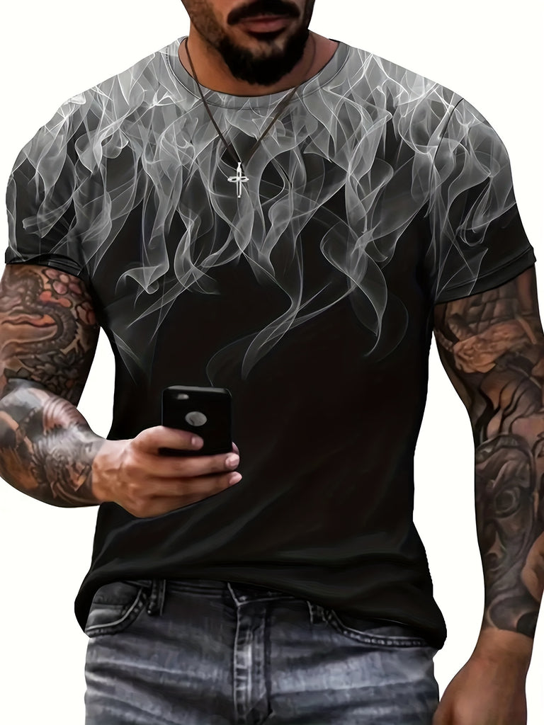 kkboxly  Plus Size Men's 3D Flame Pattern Trendy T-shirt, Summer Male Loose Tee, Crew Neck Short Sleeve Tops