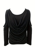 kkboxly  Cold Shoulder Rhinestone Decor T-shirt, Sexy Crew Neck Long Sleeve T-Shirt, Women's Clothing