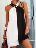 kkboxly  Color Block Halter Neck Dress, Casual Criss Cross Sleeveless Dress For Spring & Summer, Women's Clothing