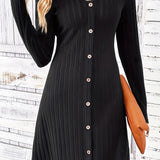 kkboxly  Solid Ribbed Dress, Casual Button Front V Neck Long Sleeve Dress, Women's Clothing