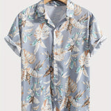 kkboxly  Tropical Leaf Retro Hawaiian Shirt, Men's Casual Button Up Short Sleeve Shirt For Summer Vacation Resort