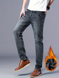 kkboxly  Warm Fleece Straight Leg Jeans For Business, Men's Semi-formal Denim Pants For Fall Winter