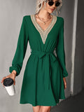 kkboxly  Women's Dresses V Neck Long Sleeve Lace Ruffles Waist Regular Hem Party Dresses