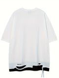 kkboxly kkboxly Hip Hop Style Letter Pattern Men's Fake Two-piece Ripped Short Sleeve Loose Round Neck T-shirt For Summer, Men's Cotton Comfy Top