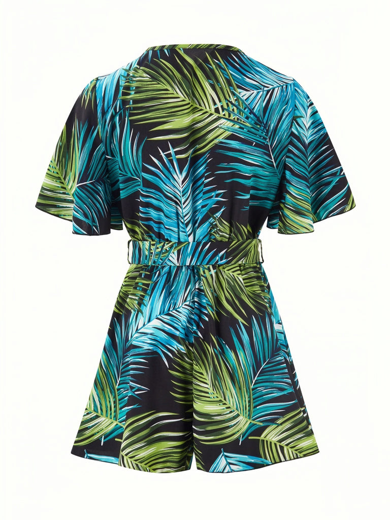 kkboxly  Boho Floral Print Belted Jumpsuit, Flutter Sleeve Deep V Neck Casual Jumpsuit For Summer & Spring, Women's Clothing