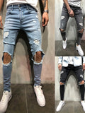 kkboxly  Slim Fit Ripped Jeans, Men's Casual Street Style Distressed Mid Stretch Denim Pants For Spring Summer