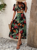 2025 kkboxly  Tropical Print Vacation Two-piece Set, V Neck Flutter Sleeve Tops & High Waist Midi Skirts Outfits, Women's Clothing