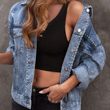 Sky Blue Long Sleeve Denim Coats, Flap Pockets Metal Ball Decor Single-Breasted Button Casual Denim Jackets, Women's Denim Clothing