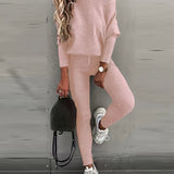 kkboxly Casual Solid Sports Two-piece Set, With Slanted Shoulder Long Sleeve Hoodies & Tied Striped Pants Set, Women's Clothing