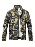 kkboxly  Chic Camouflage Print Denim Jacket, Men's Casual Cotton Multi Pocket Jacket