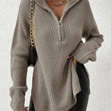 kkboxly  Long Sleeve Half Zip Sweater, Side Slit Casual Sweater For Winter & Fall, Women's Clothing