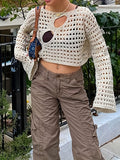 kkboxly  Y2K Crochet Crop Top, Long Sleeve Solid Casual Top, Women's Clothing