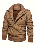 kkboxly  Warm Plush Fleece Cotton Jacket, Men's Casual Zipper Pockets Stand Collar Jacket Coat For Fall Winter