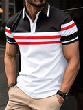 kkboxly  Horizontal Stripe Color Block Print Men's Casual Button Up Short Sleeve Polo Shirt, Men's Polo For Summer