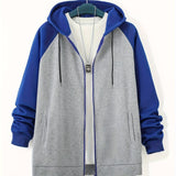 Plus Size Men's Full Zip Hoodies, Color Block Long Sleeve Drawstring Jacket Best Sellers