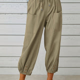 kkboxly  Plus Size Casual Pants, Women's Plus Solid Bow Knot Elastic Button Decor Pants With Pockets