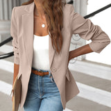 kkboxly  Solid Lapel Blazer Jacket, Casual Long Sleeve Work Office Outerwear With Pockets, Women's Clothing