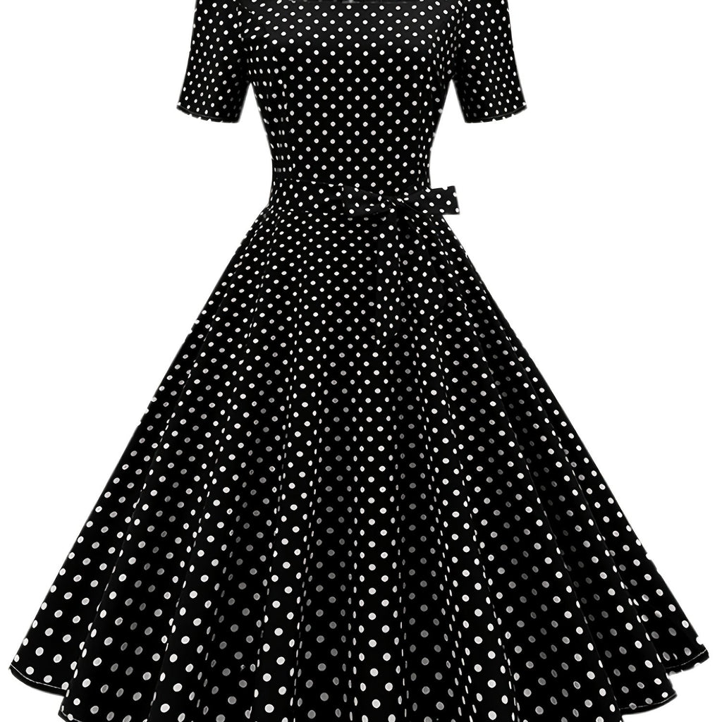 kkboxly  Polka Dot Bow Front Dress, Vintage Elegant Square Neck Short Sleeve Dress, Women's Clothing
