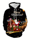 kkboxly  Christmas Elk& Santa Print Hoodie, Cool Hoodies For Men, Men's Casual Graphic Design Pullover Hooded Sweatshirt With Kangaroo Pocket Streetwear For Winter Fall, As Gifts