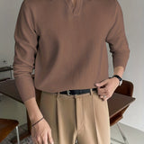 kkboxly  Solid Color Retro Chic Knit Shirt, Men's Casual Lapel High Stretch V-Neck Pullover Sweater For Spring Fall